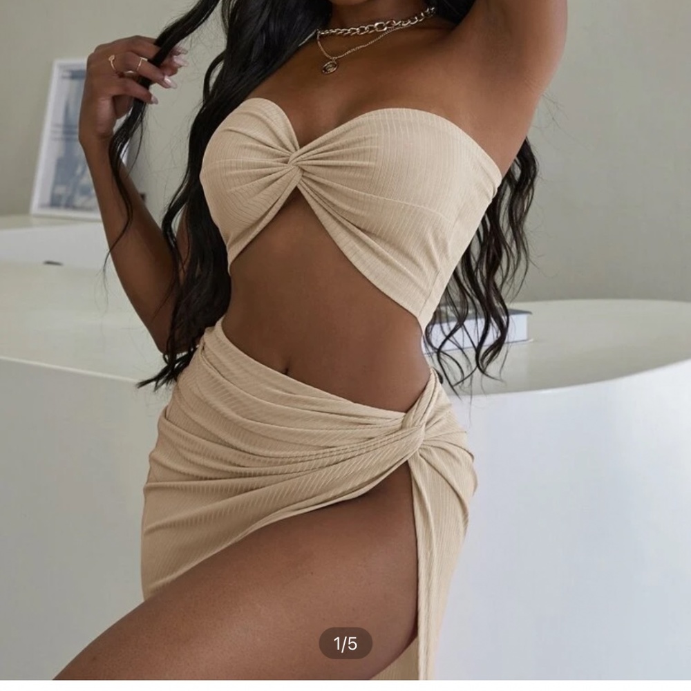 Shein twist front rib-knit tube top and split thigh skirt set